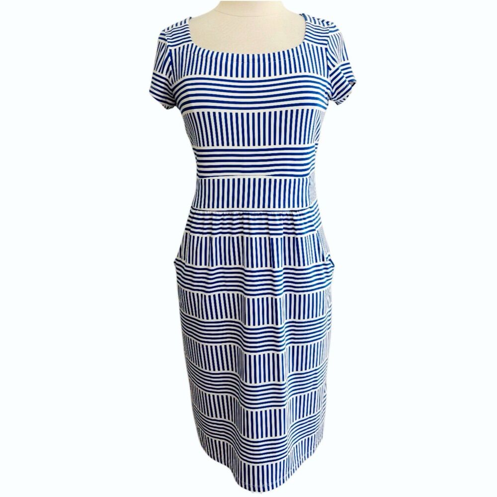J.McLaughlin Dress Medium Catalina Cloth Blue & White Striped Cap Sleeve Coastal